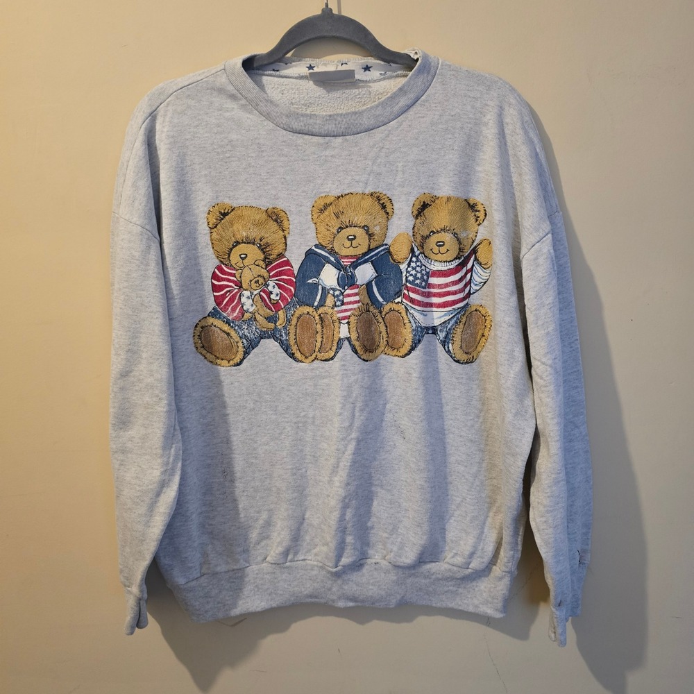 Vintage 90s Basic Editions Sweatshirt Women XL Gray Teddy Bear Americana Graphic